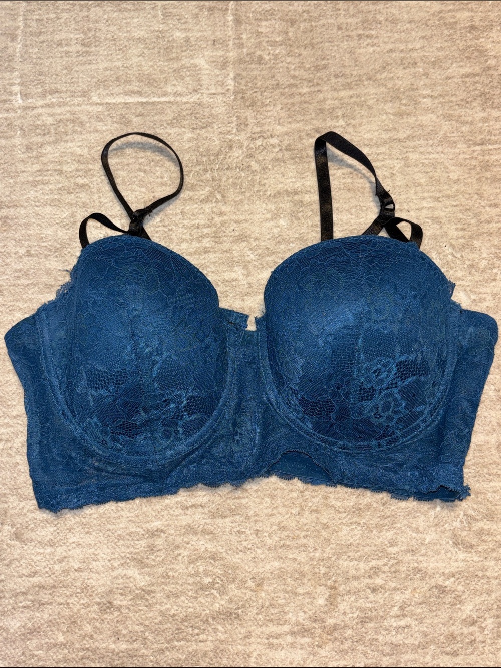 40C René Rofé Blue Lace Underwire Longline Balconette Bra  Strappy Cage Details